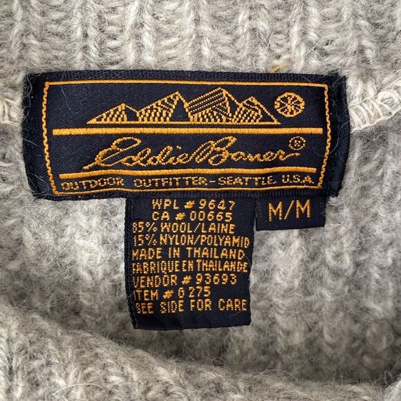 Eddie Bauer Mens sz M Wool Blend Shawl Collar Cable Knit Sweater Gray Fisherman - Picture 3 of 7